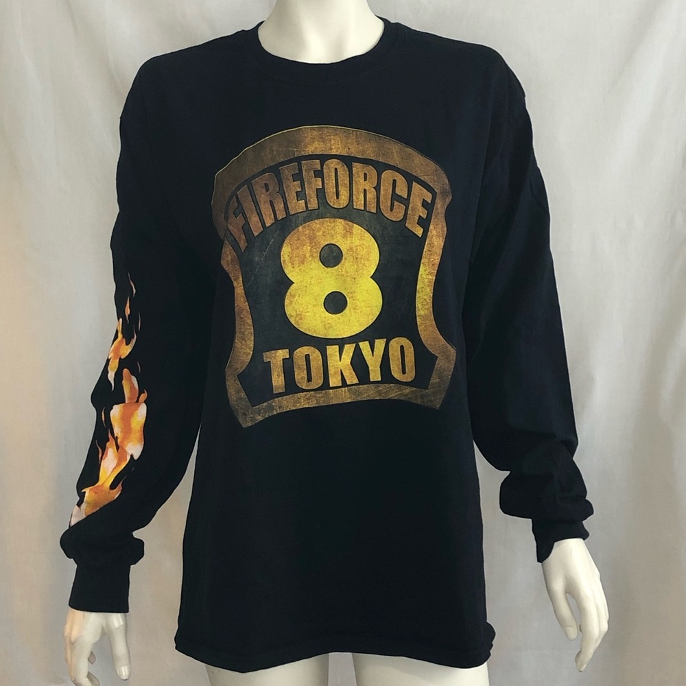 Fire Force anime black long sleeve shirt with flames down one arm size large